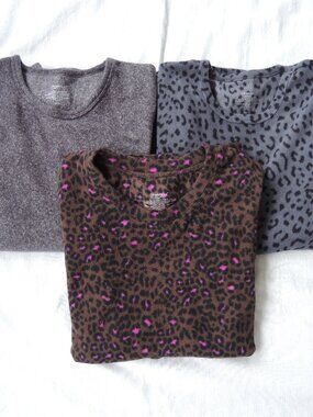 Bundle of 3 Fleece Tops Climate Right 1 Solid Gray & 2 Leopard Prints Size Small